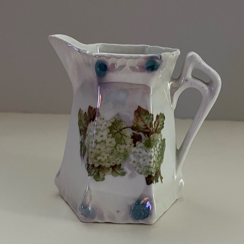 Antique German Lusterware Creamer, Floral, Hydrangea Floral, 6 Sided, Iridescent